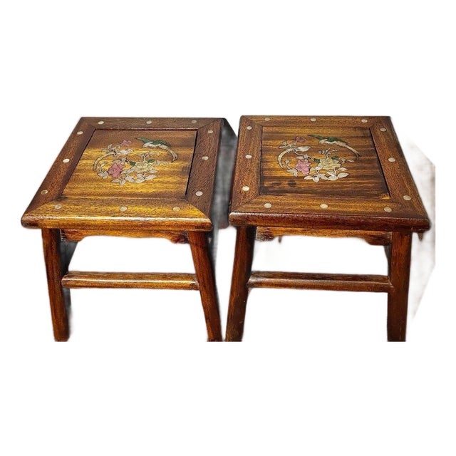 Pair of Vintage Chinese Hardwood Inlaid Mother-of-Pearl Bird & Flower Stools - 11.35 LBS For Sale