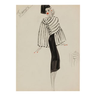 Vintage French Fashion Wall Art Print – White Coat & Black Dress, 36" X 48" For Sale