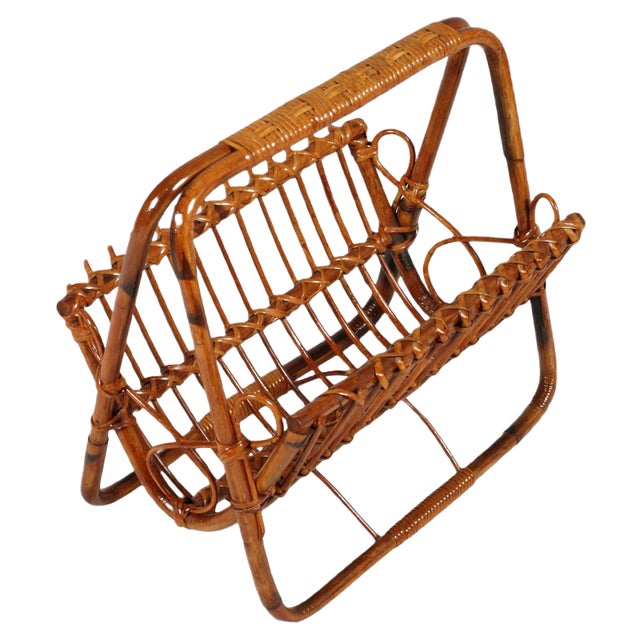Mid-Century Bamboo & Rattan Magazine Rack For Sale