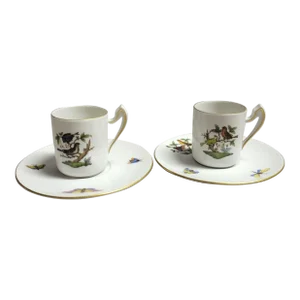 Pair of Herend Rothschild Bird Espresso Mocha Demitasse Cup With Saucer