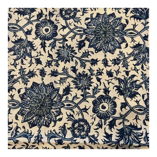 English Designer Soane Britain Persian Flower in Blue Linen Fabric Remnant For Sale