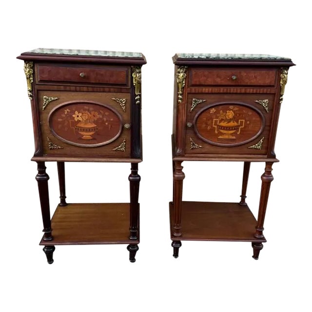 Pair Louis XVI Style Ormolu Mounted Marquetry Mahogany Marble Top Bedside Tables, 19th Century For Sale