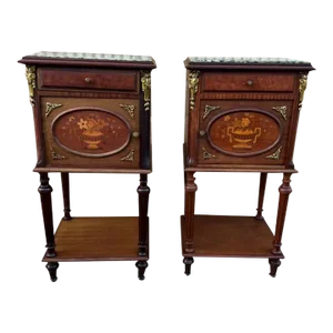 Pair Louis XVI Style Ormolu Mounted Marquetry Mahogany Marble Top Bedside Tables, 19th Century