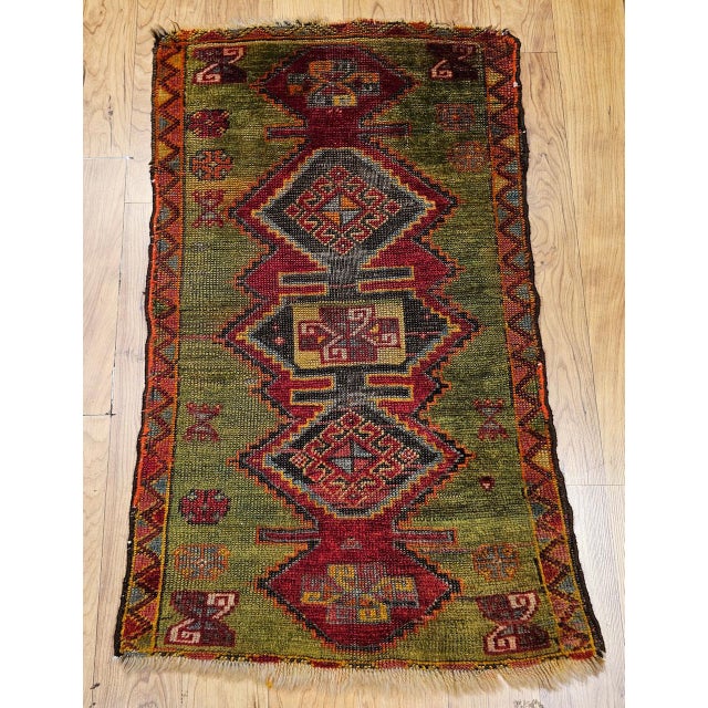 Antique Turkish Oushak Area Rug, Handwoven Wool, Geometric, Green & Red, 2' x 3' For Sale - Image 4 of 11