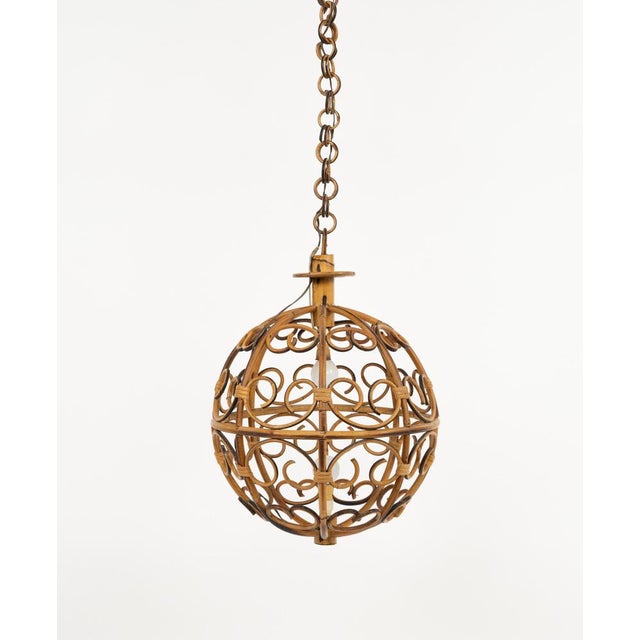 Wood Mid-Century Modern Globe Hanging Light in Rattan and Bamboo, Italy, 1960s For Sale - Image 7 of 15