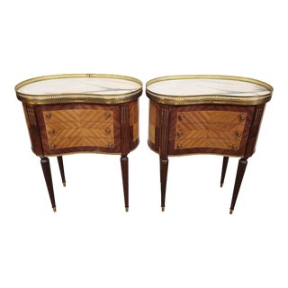 Pair 20th C French Louis XVI Marble Top Kidney Nightstand Side Tables For Sale