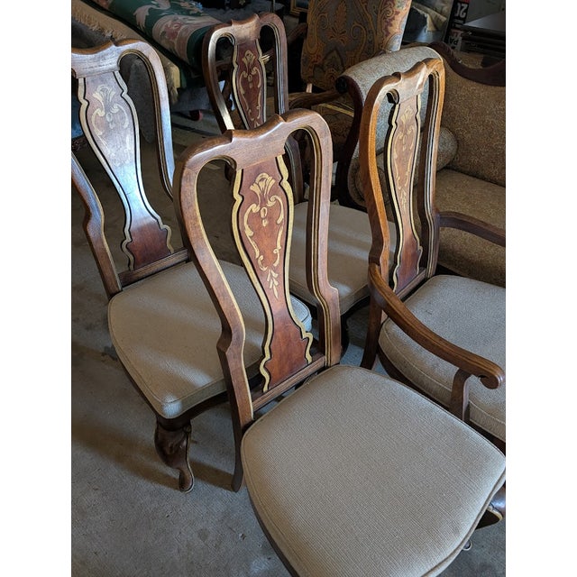 Set of 6 Vintage Gilt-Inlaid Dining Chairs 2 Armchair + 4 Side Chairs With Gold Scrollwork, Cabriole Legs & French Provincial Sty For Sale - Image 12 of 16