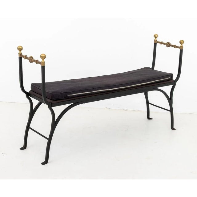 Black Hollywood Regency Wrought Iron and Brass Bench For Sale - Image 8 of 9