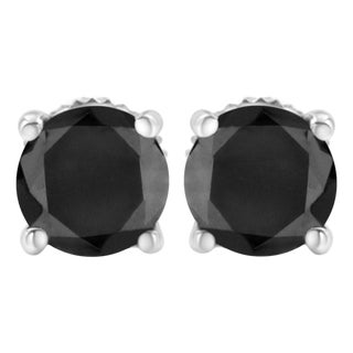 .925 Sterling Silver 2.00 Cttw Round Brilliant-Cut Black Diamond Classic 4-Prong Stud Earrings with Screw Backs (Fancy Color-Enhanced, I2-I3 Clarity) For Sale