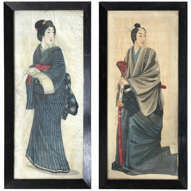 Early 20th Century Japanese Portraits Painted On Silk, Set of 2 For Sale - Image 6 of 6