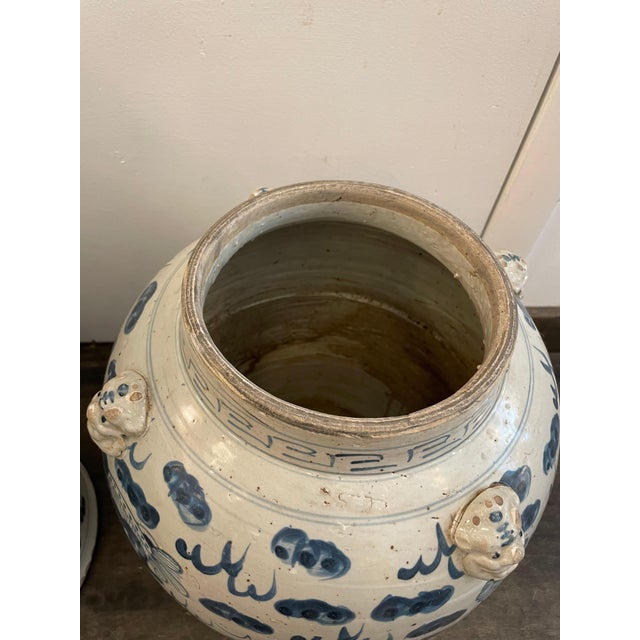 Early 20th C. Antique Blue & White Chinoiserie Lidded Temple Jars- A Pair For Sale - Image 4 of 18