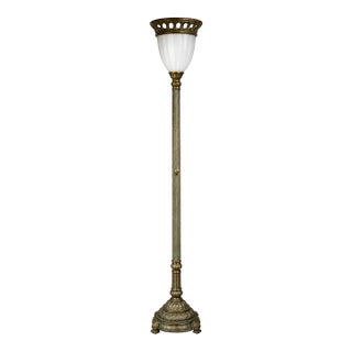 Classical Antique Brass & Verdigris Torchiere Floor Lamp With Frosted Fluted Shade For Sale