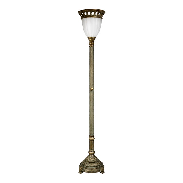 Classical Antique Brass & Verdigris Torchiere Floor Lamp With Frosted Fluted Shade For Sale