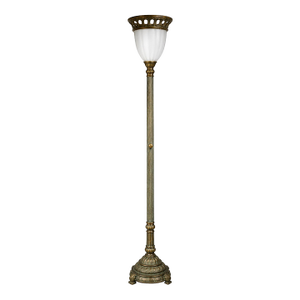 Classical Antique Brass & Verdigris Torchiere Floor Lamp With Frosted Fluted Shade