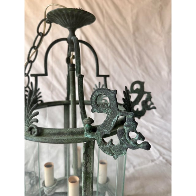 Neoclassical 1920s Italian Patinated Bronze & Glass Pendant Chandelier Lantern For Sale - Image 3 of 10