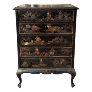 Antique Chinoiserie Black & Gold Tall Chest of Drawers For Sale