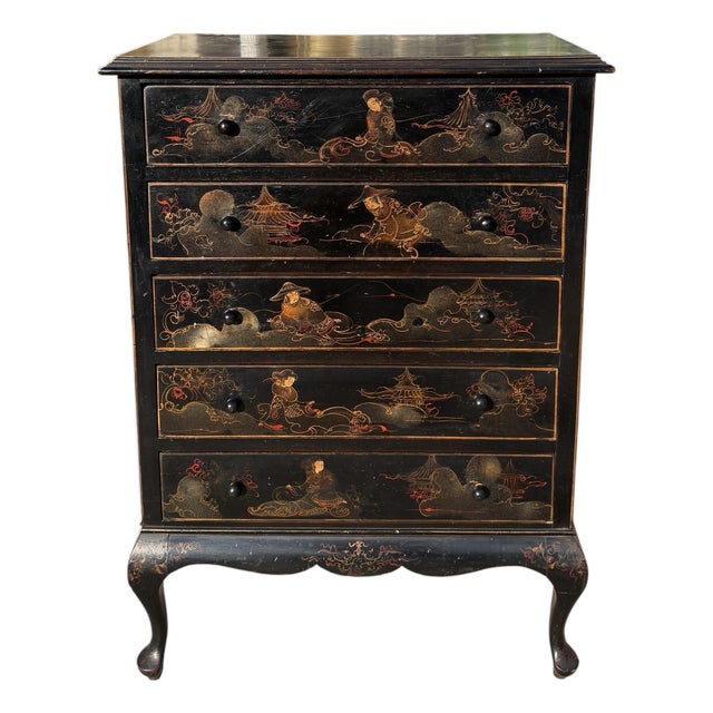 Antique Chinoiserie Black & Gold Tall Chest of Drawers For Sale