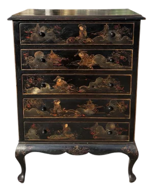 Antique Chinoiserie Black & Gold Tall Chest of Drawers