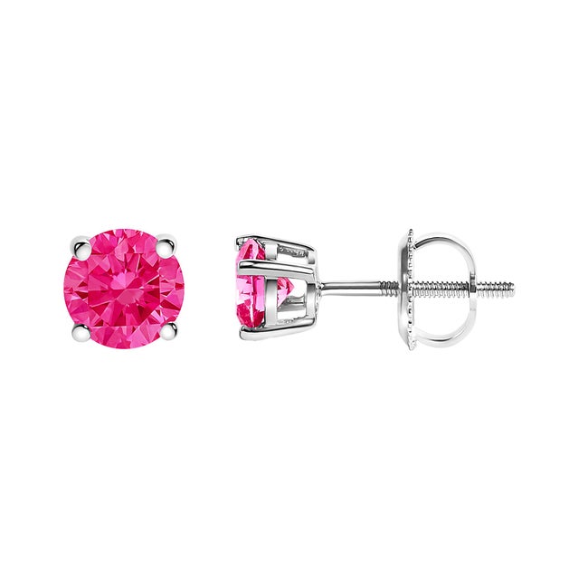 Contemporary 10K White Gold 1.0 Cttw Lab Created Round Brilliant Cut Pink Diamond Classic 4-Prong Solitaire Stud Earrings (Fancy Pink Color, VVS2-VS1 Clarity) For Sale - Image 3 of 6