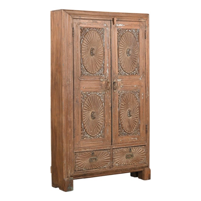 Antique Anglo/Indian Carved Teakwood Armoire For Sale