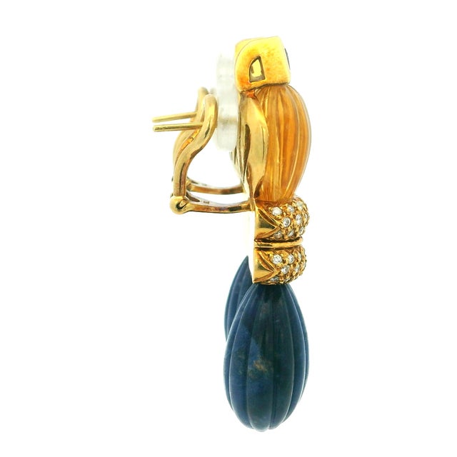 1980s 1980s Italian Carved Lapis Topaz Diamond 18k Gold Drop Earrings, Pair For Sale - Image 5 of 17
