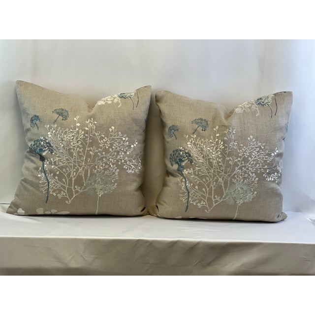 Handcrafted 20” Feather/Down Pillows in Nobilis “Echappe Belle” embroidered wildflowers and dragonflies fluttering in the...