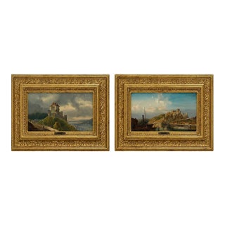 Late 19th Century Pair of European Castle Landscape Paintings by M. Day For Sale