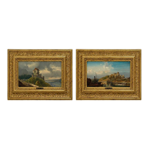 Late 19th Century Pair of European Castle Landscape Paintings by M. Day