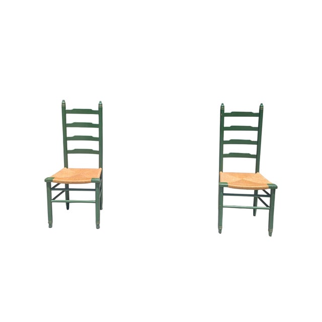 Farmhouse Vintage Rustic Farmhouse Green Ladderback Chairs With Rush Seats- A Pair For Sale - Image 3 of 15