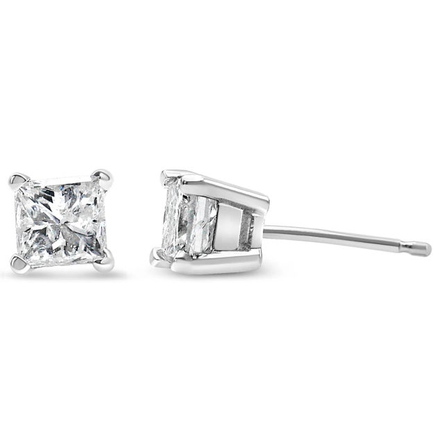 Contemporary AGS Certified 14K White Gold 3/8 Cttw 4-Prong Set Princess-Cut Solitaire Diamond Push Back Stud Earr For Sale - Image 3 of 6