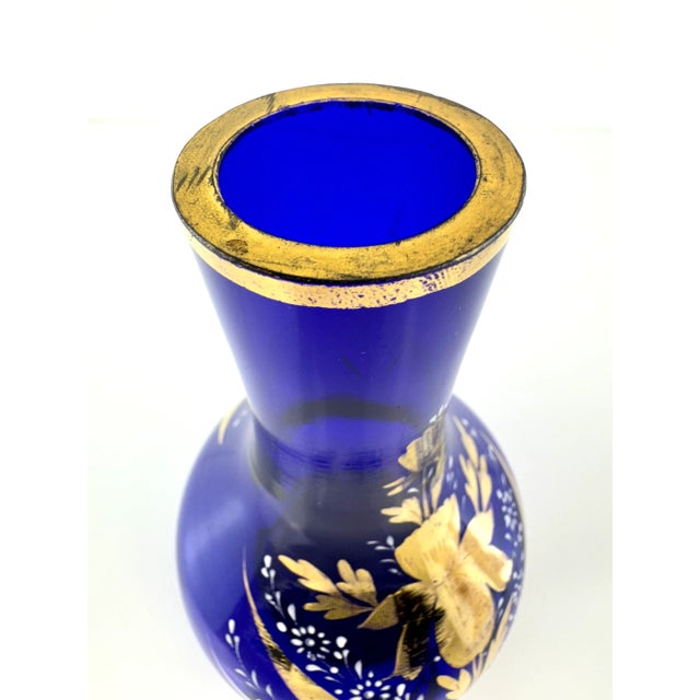 Vintage 1920's Hand-Painted Cobalt Blue Czech Glass Vase With Gold Detailing For Sale - Image 4 of 9
