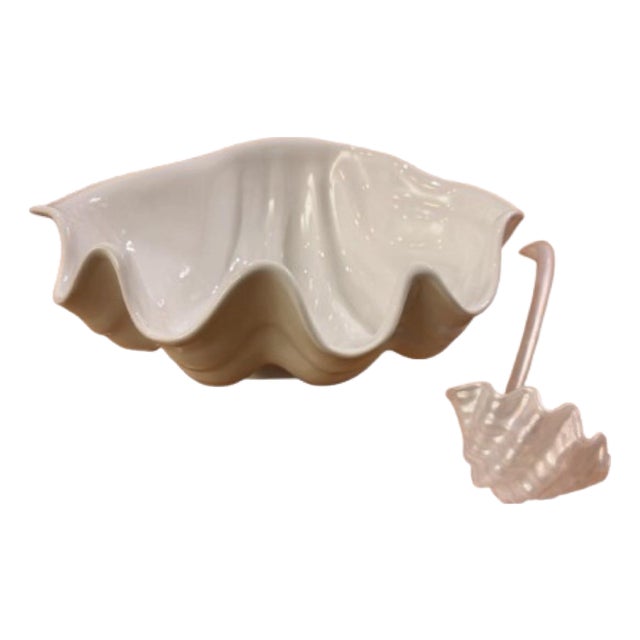 Mid Century Italian Porcelain Clamshell Punch Bowl With Ladle. For Sale