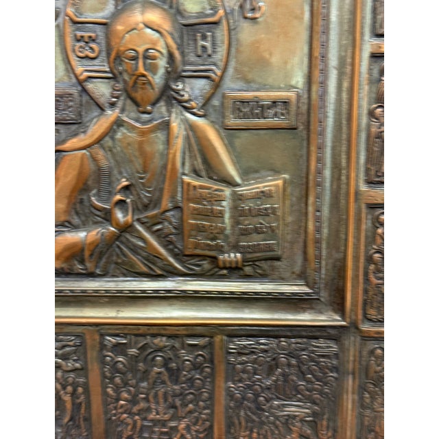 Brass 19th Century Russian Imperial Christian Brass Icon Jesus Christ Gold Mather Saints For Sale - Image 8 of 12