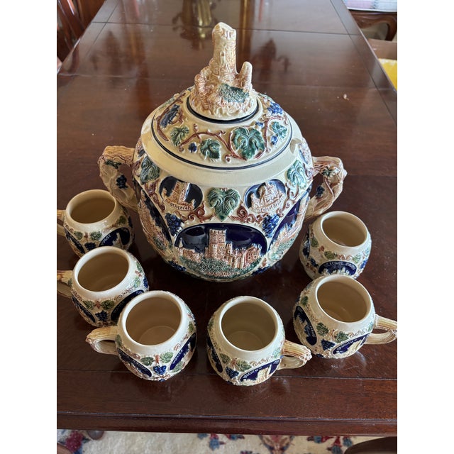 Ink Blue 1954 Mid Century Modern German Gerz Castle Relief Stoneware Punch - Set of 7 For Sale - Image 8 of 10