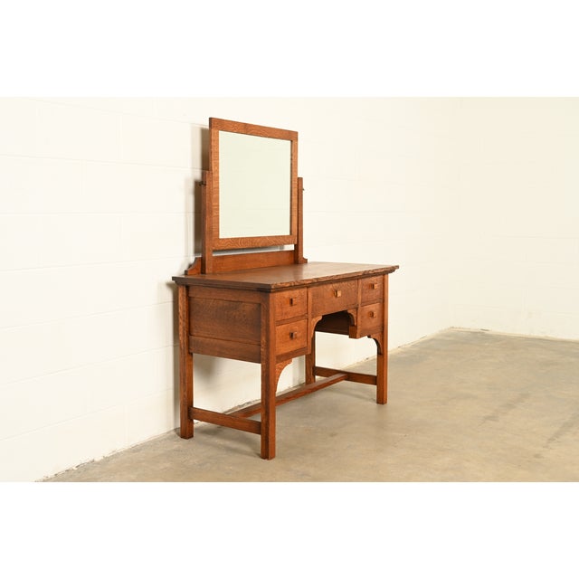 Mission Limbert Style Antique Mission Oak Arts & Crafts Vanity or Dressing Table With Mirror, Circa 1910 For Sale - Image 3 of 14