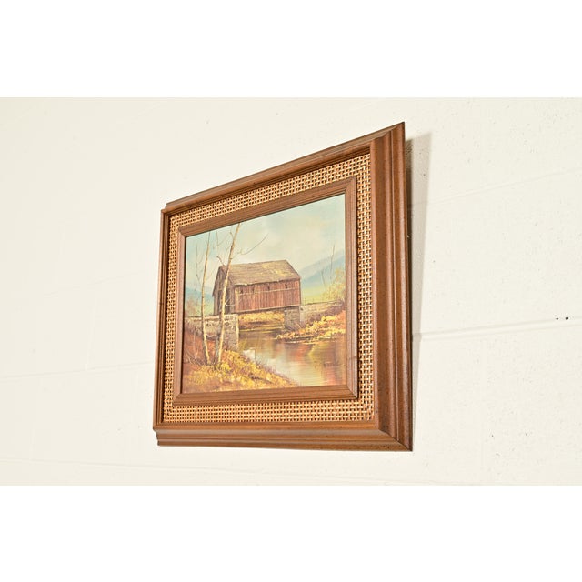 Traditional Original Artist Signed Oil Painting on Canvas Rural Landscape of "Covered Bridge" in Carved Walnut and Woven Rattan Frame For Sale - Image 3 of 14