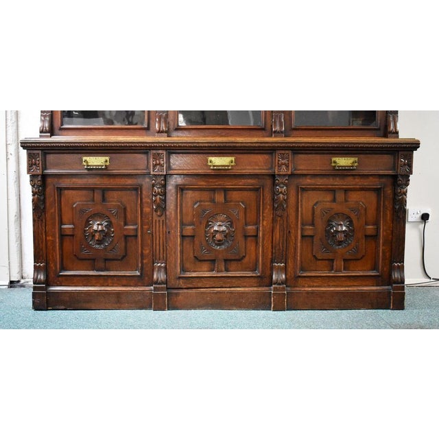Victorian Three Door Bookcase in Carved Oak, 1880 For Sale - Image 3 of 12