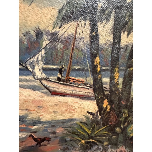 Vintage Mid-Century Signed Coastal Oil Painting With Palm Trees & Chickens For Sale - Image 10 of 15