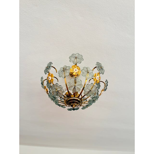 1970s Vintage Italian Hand-Painted Sage Green Glass & Brass Floral Flush Mount Chandelier For Sale - Image 5 of 18