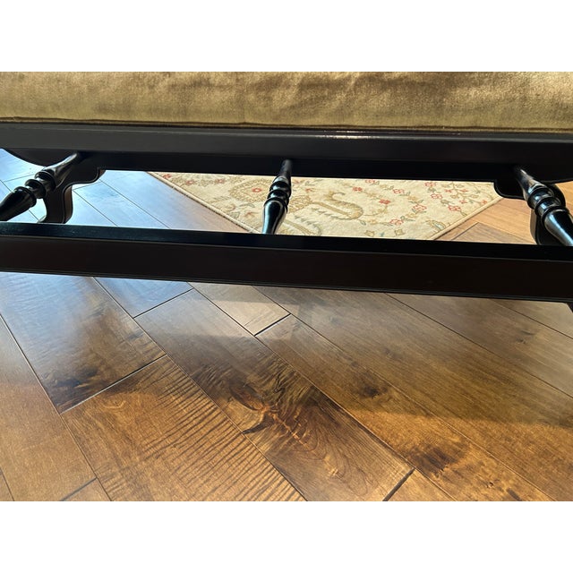 Green Drexel Heritage Custom Upholstered Dark Wood Bench For Sale - Image 8 of 12