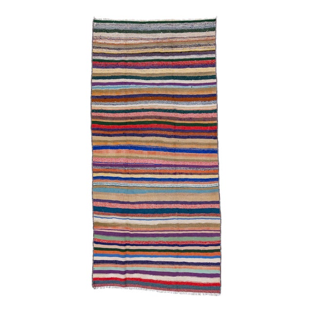 1960s Vintage Turkish Kilim Multicolor Handmade Stripes Wool Rug For Sale