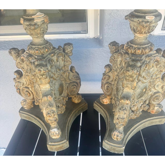 Pair of Antique 18th Century Parcel Paint and Gilt Wood Candlesticks 40 Inches For Sale - Image 4 of 12
