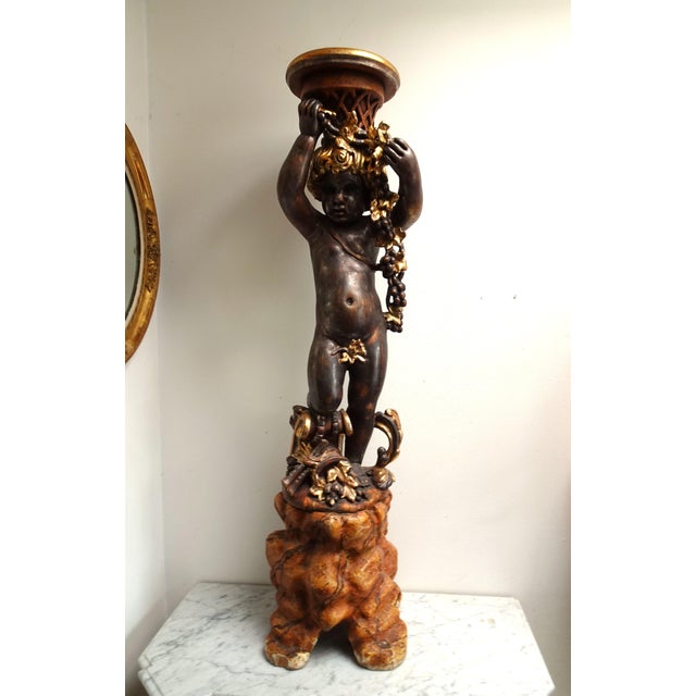 Italian Gilded and Carved Wooden Cherub Pedestal Plant Stand, 1970s For Sale - Image 9 of 18