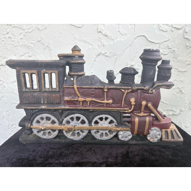Vintage Cast Iron Steam Locomotive Doorstop With Original Polychrome Paint For Sale - Image 4 of 10