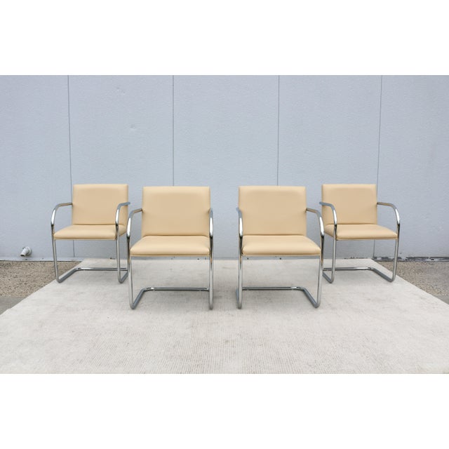 Fabulous set of 4 Brno tubular style chairs in neutral sand-beige leather upholstery, by Gordon International. An icon of...