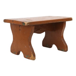 Low French Rustic Church Stool in Terracotta Painted Wood, 1890s For Sale