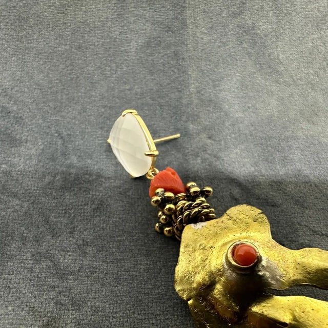 Metal 21st Century Hammered Brass and Mediterranean Coral Seahorse Dangle Earrings For Sale - Image 7 of 9