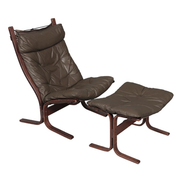 Set of Brown Leather Highback Siesta Chair and Ottoman by Ingmar Relling for Westnofa, 1970s For Sale