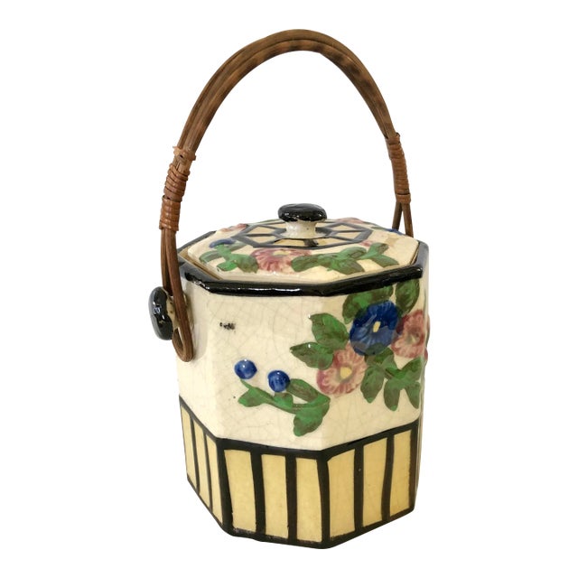 Vintage Japanese Octagon Ceramic Biscuit Jar For Sale