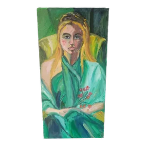 "Girl With Flowers" Expressionist Portrait Oil Painting by Rosemary Rabut